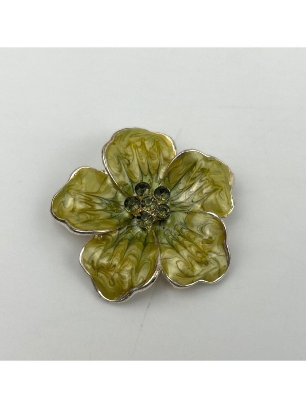 50's Green Flower Enamel Rhinestones Vintage Brooch Glossy Retro Cute Costume